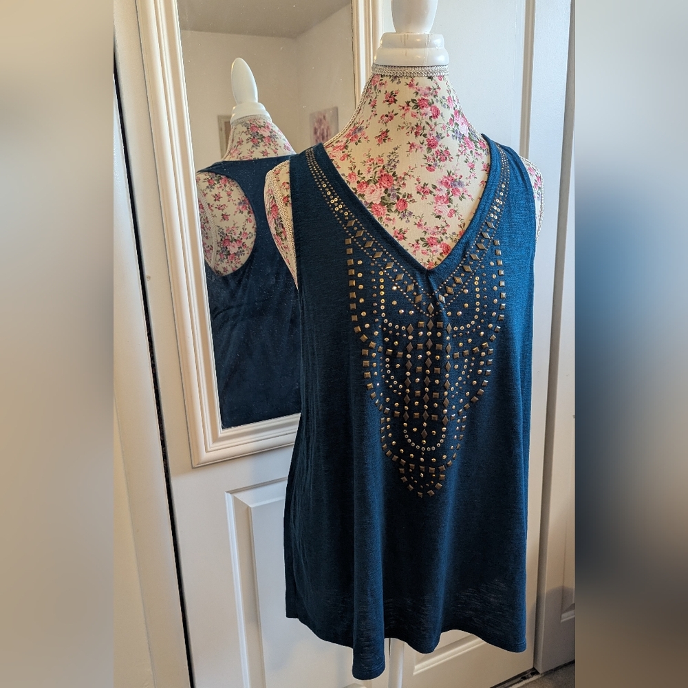 Knox Rose Dark Teal Gold Studded Embellished V-neck Tank Top Sleeveless XL